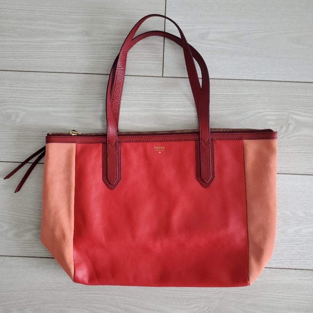 Fossil Sydney Tote Genuine Leather Orange Red Boho Large Shoulder Bag